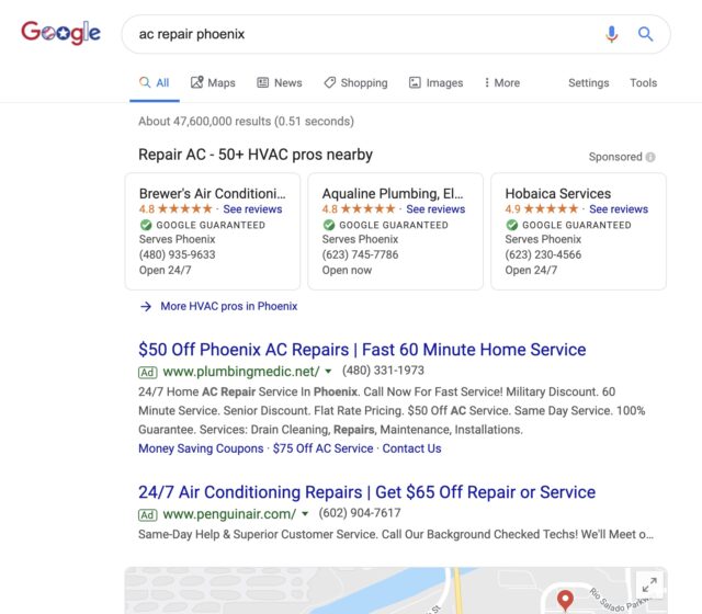 A view at Google Local Service Ads on a desktop computer.