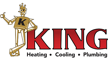 The image features the King Heating, Cooling & Plumbing logo: A gold tin man leans against the company name in red.